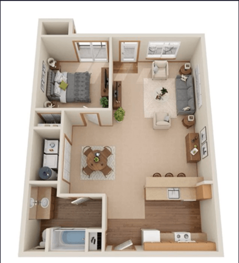 Floor plan for 1 bed, 1 bath, 805 sqft